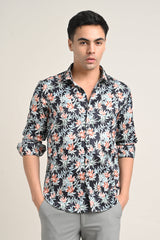 IVYN Stretch Cotton Floral Shirt detail view in Midnight Floral Black