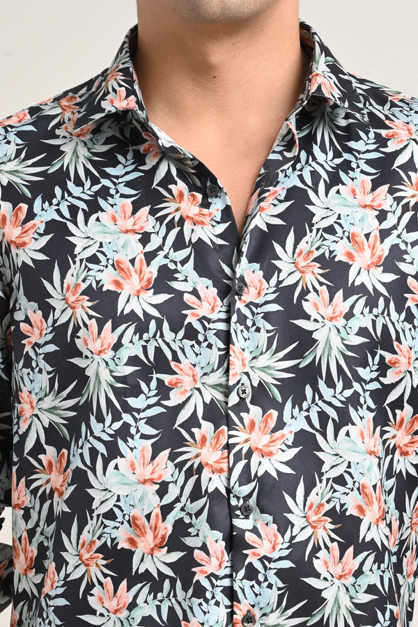 Stretch Cotton Floral Shirt - Midnight Floral Black