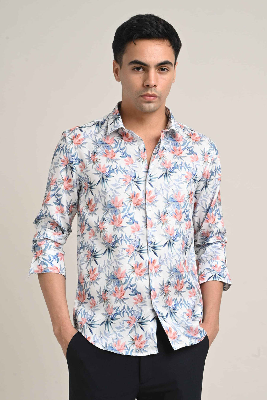 Stretch Cotton Floral Shirt – Soft Peach Bloom