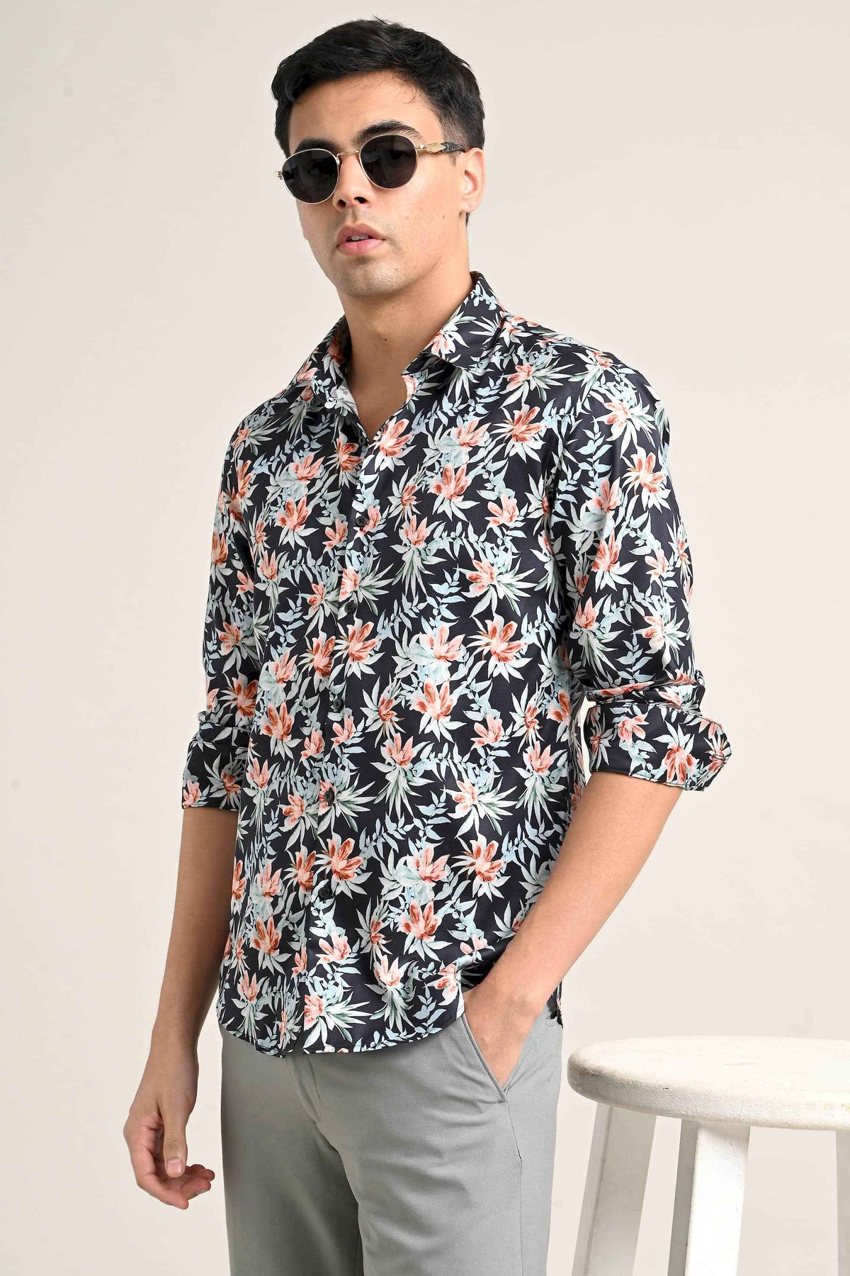 Stretch Cotton Floral Shirt in Midnight Floral Black