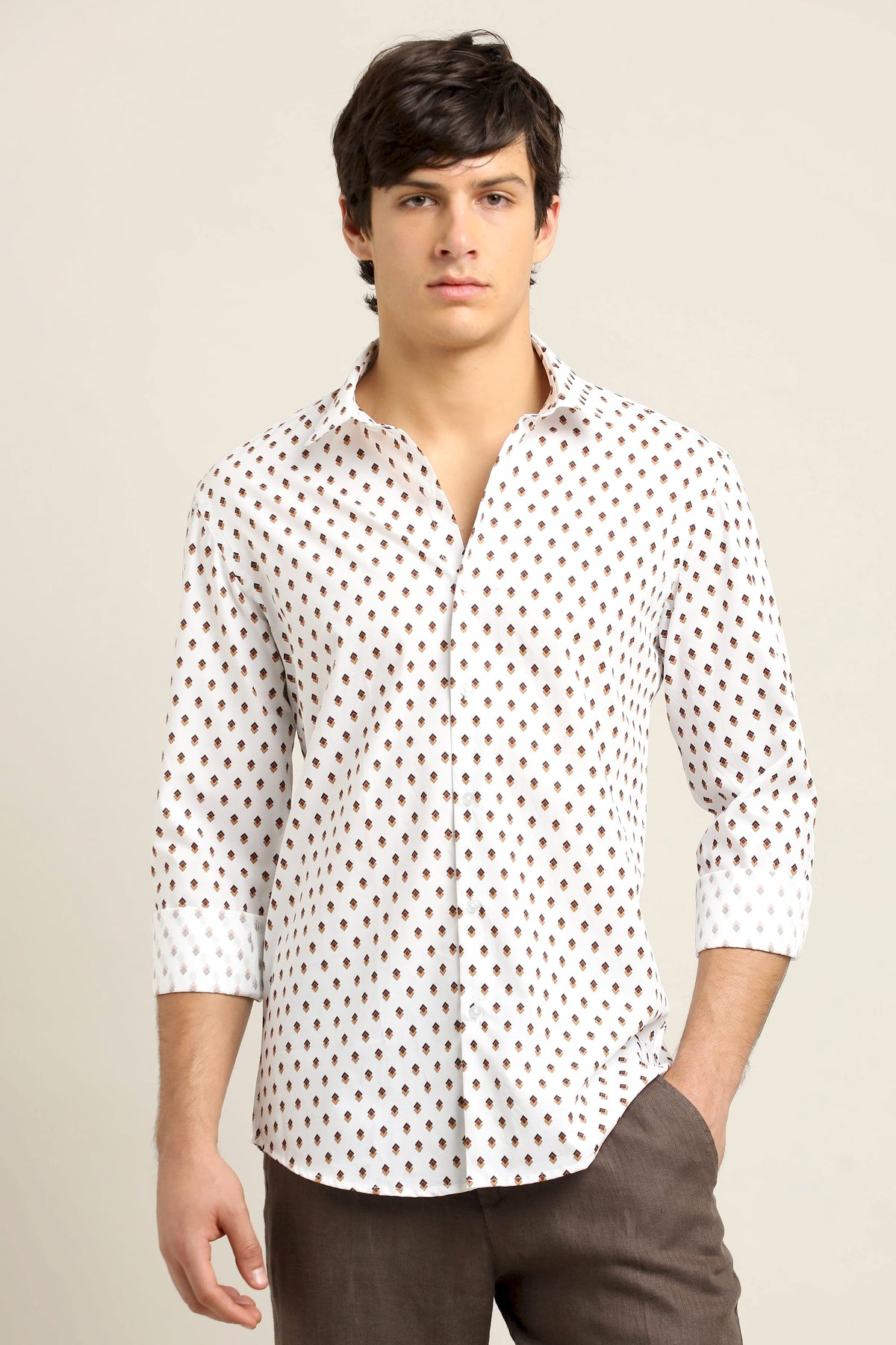 Ivory Tan Geo-Print Shirt