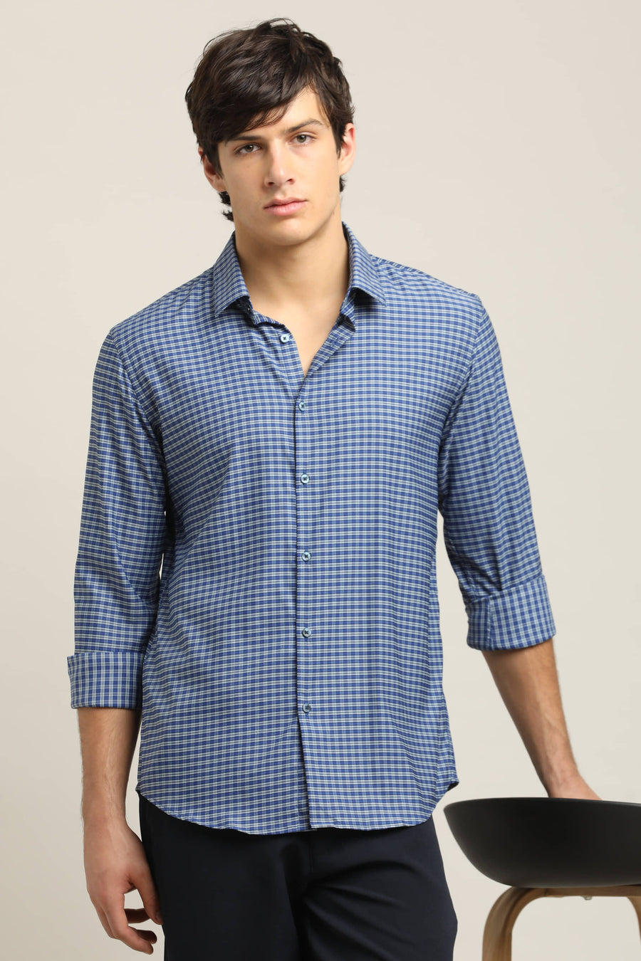Navy Blue Micro-Check TENCEL Shirt - IVYN