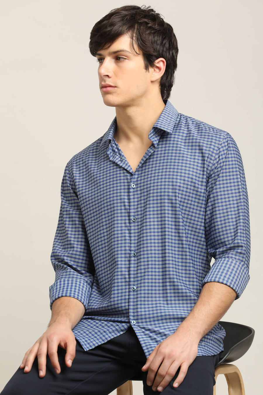 Navy Blue Micro-Check TENCEL Shirt - IVYN