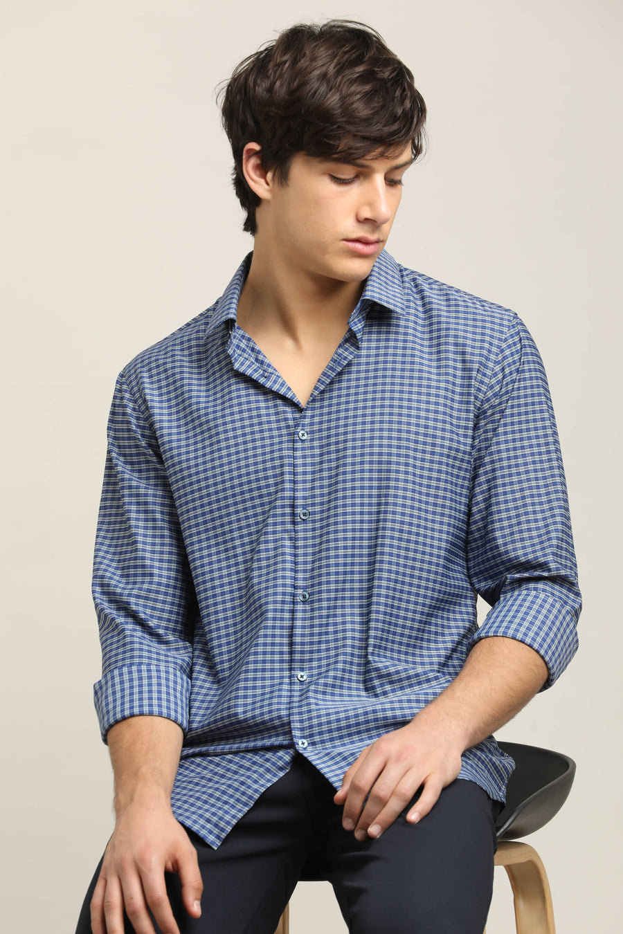 Navy Blue Micro-Check TENCEL Shirt - IVYN