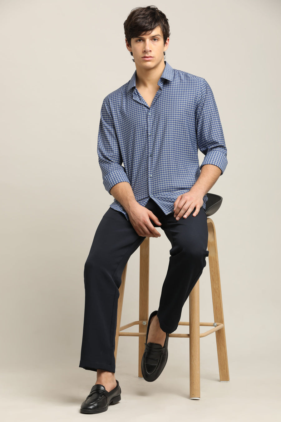 Navy Blue Micro-Check TENCEL Shirt - IVYN