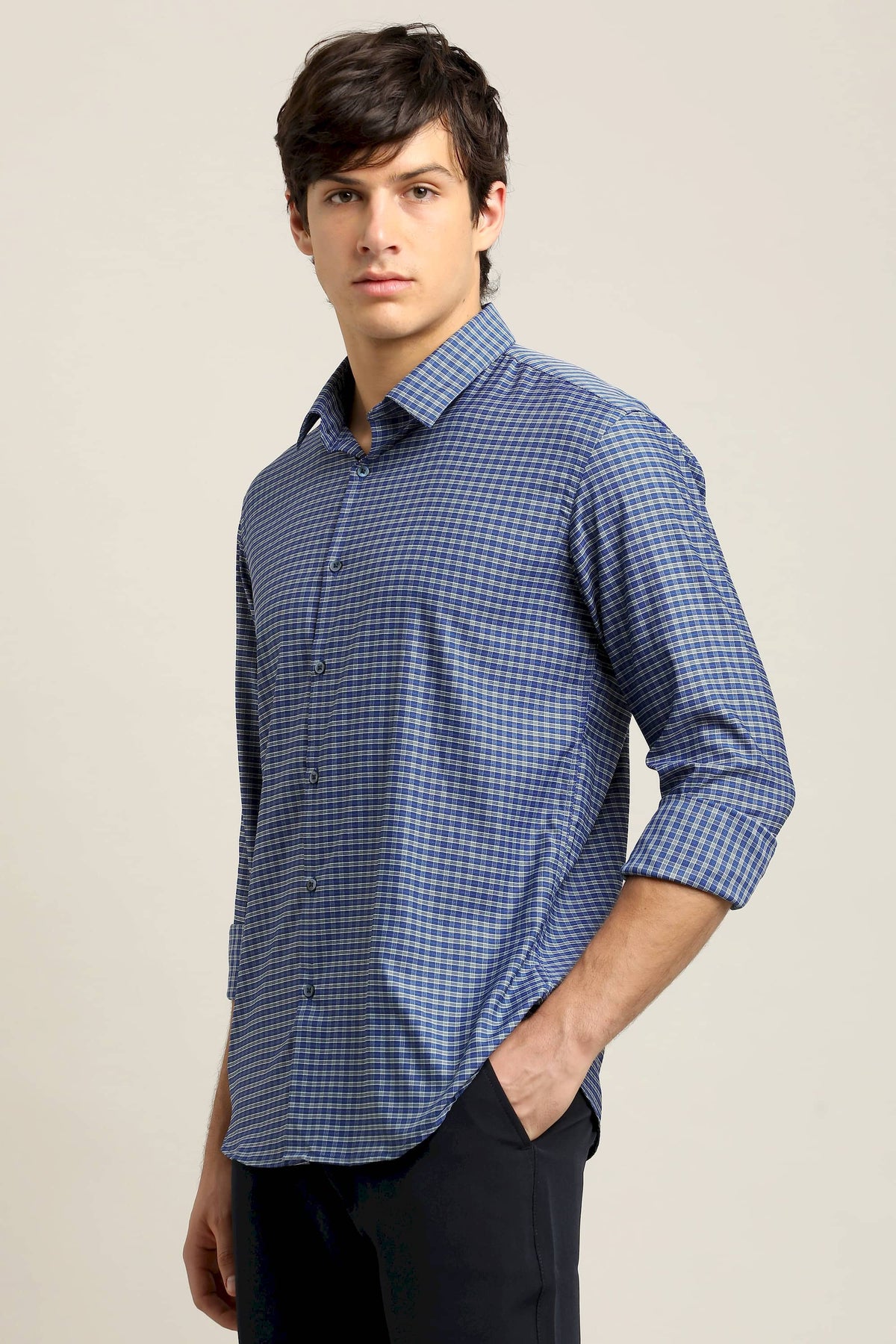 Navy Blue Micro-Check Shirt