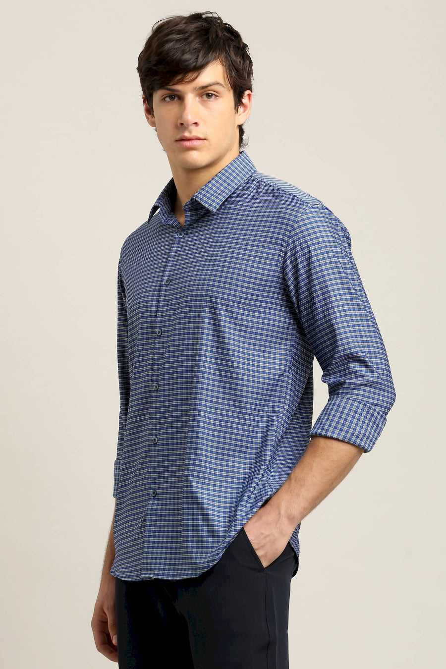 Navy Blue Micro-Check Shirt