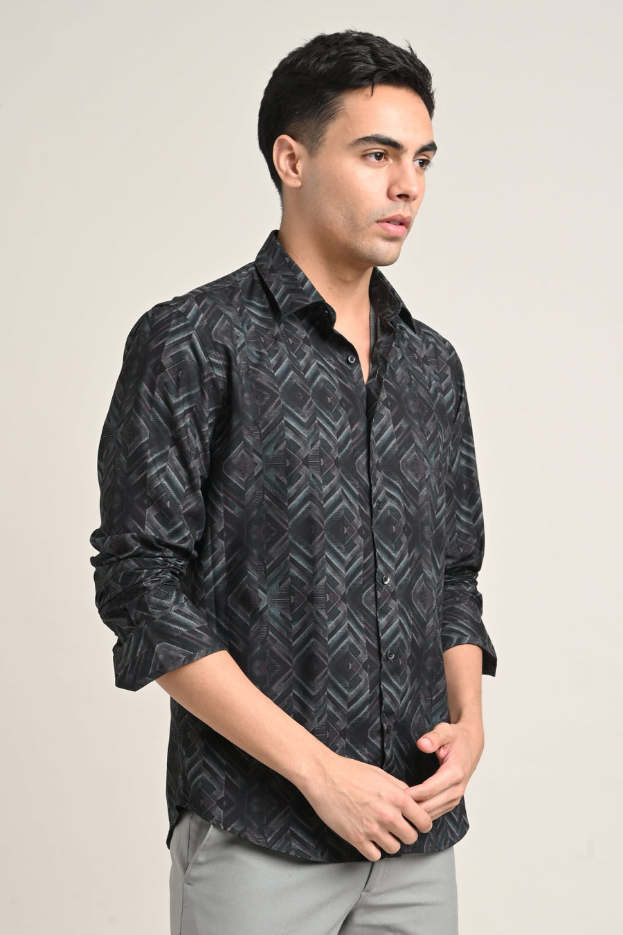 Stretch Printed Shirt in Charcoal Black - IVYN