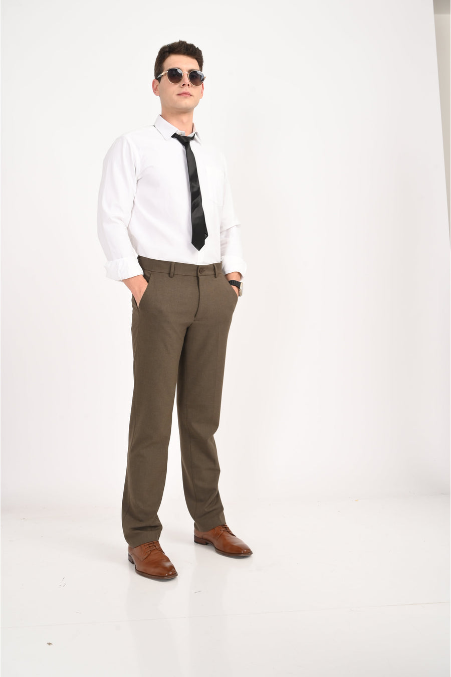 Men's Elegant Straight Fit 4-Way Stretch Lycra Trousers – Brown Mélange - IVYN