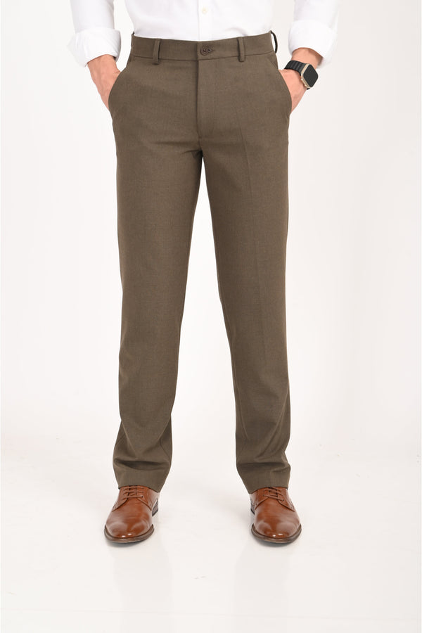 Men's Elegant Straight Fit 4-Way Stretch Lycra Trousers – Brown Mélange (image 2)