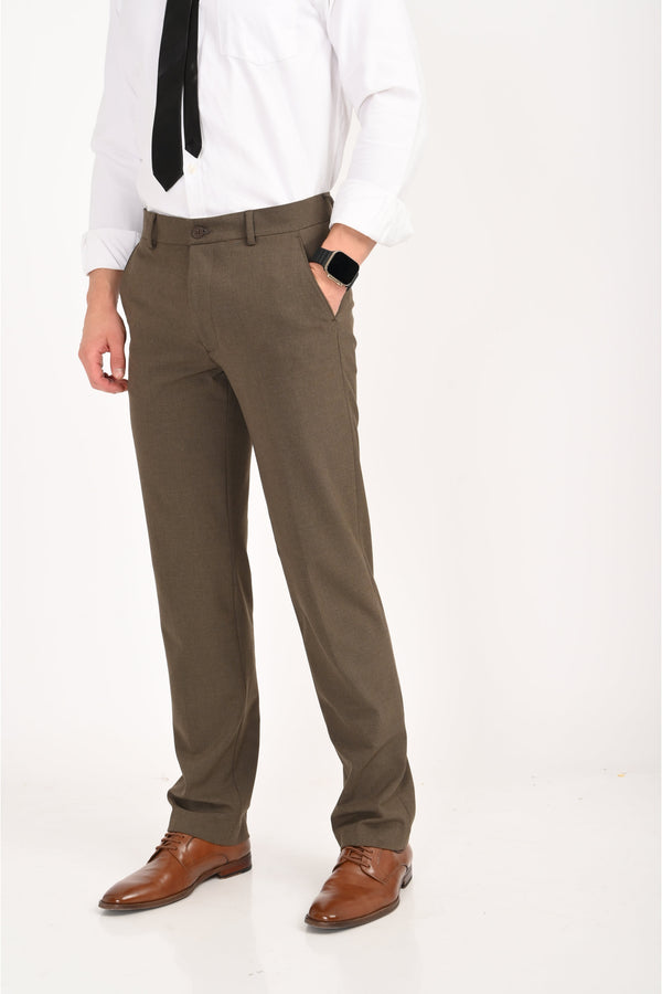 Men's Elegant Straight Fit 4-Way Stretch Lycra Trousers – Brown Mélange (image 1)