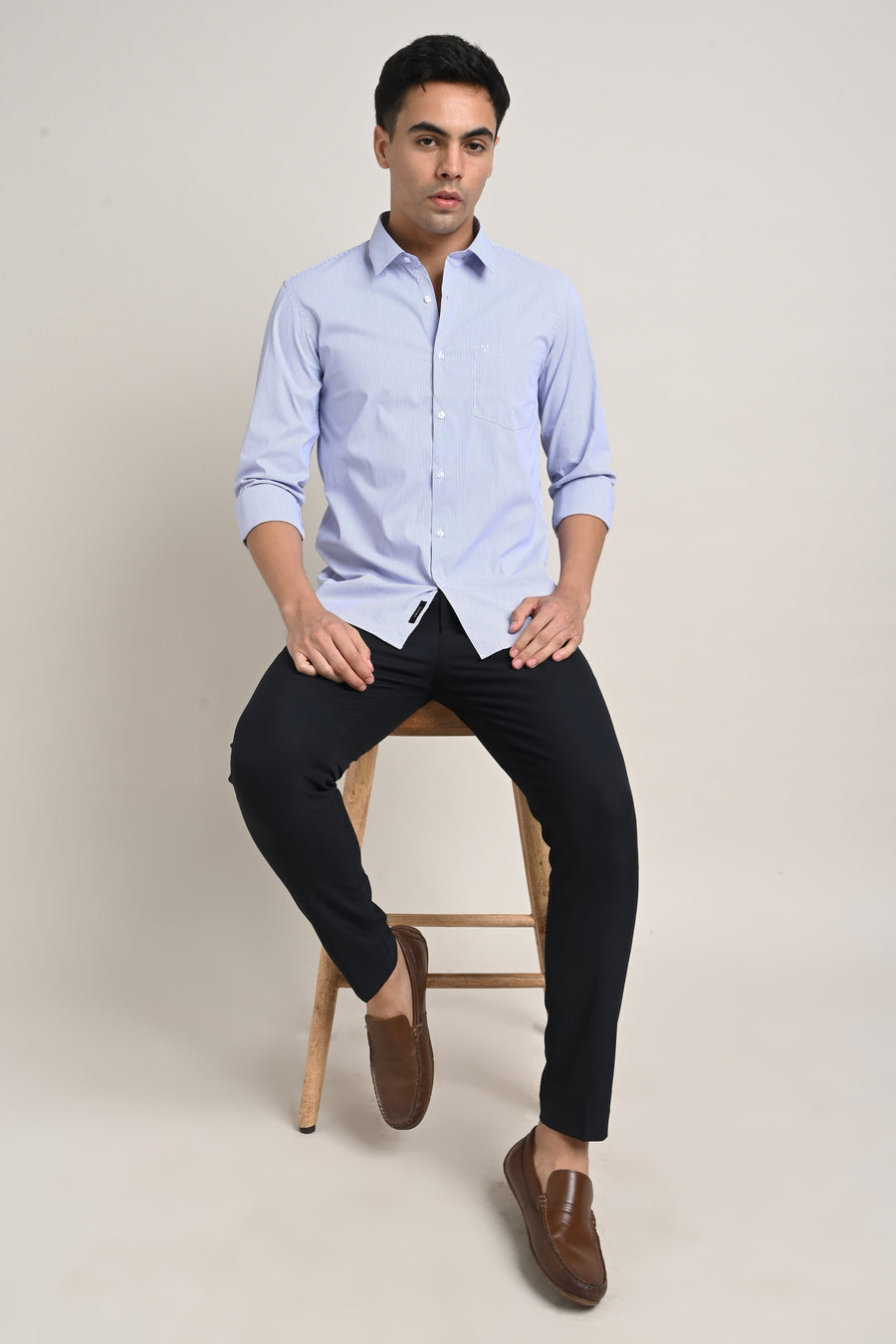 IVYN Stretch Cotton Pinstripe Shirt in Sky Blue