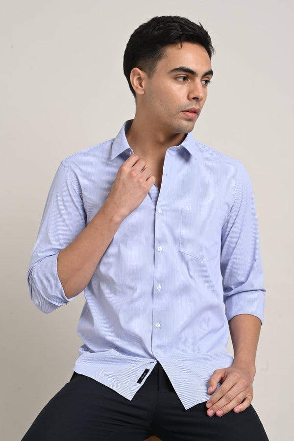 Stretch Cotton Pinstripe Shirt - Sky Blue (image 6)