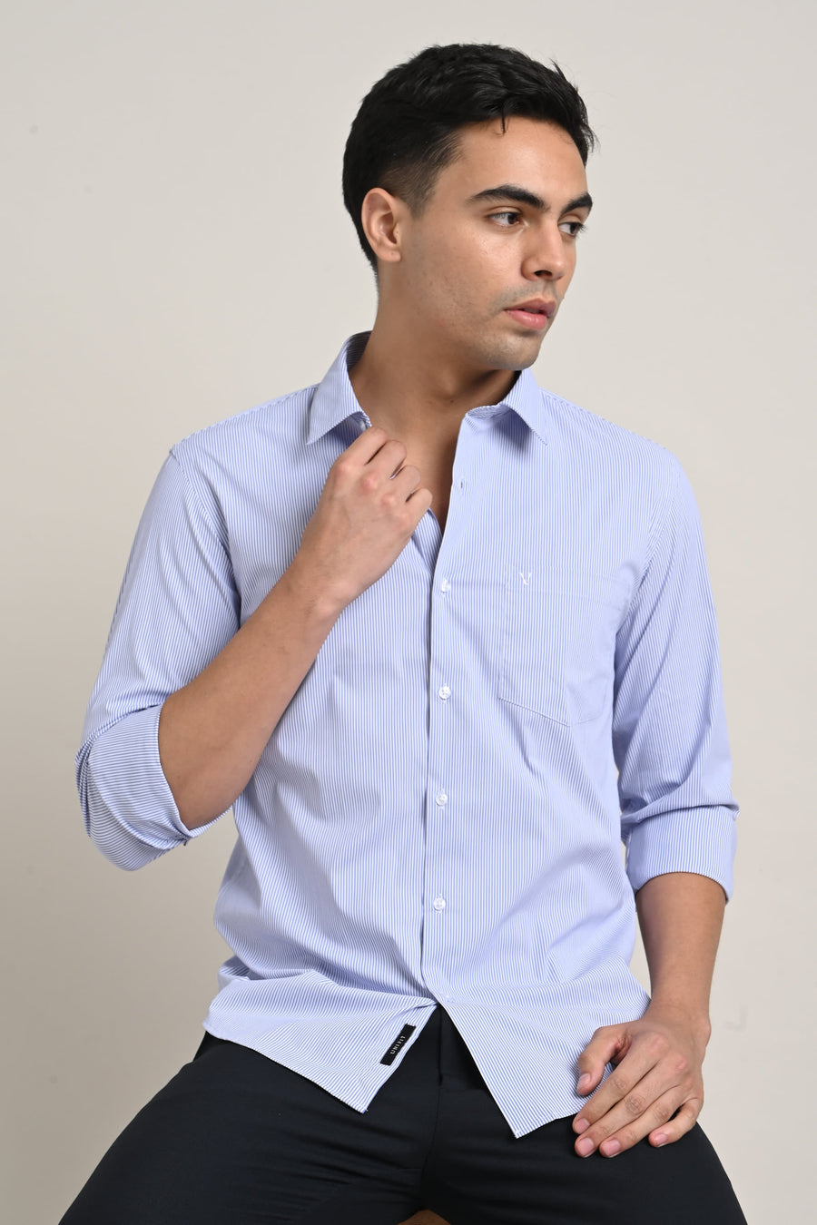 IVYN Stretch Cotton Pinstripe Shirt in Sky Blue