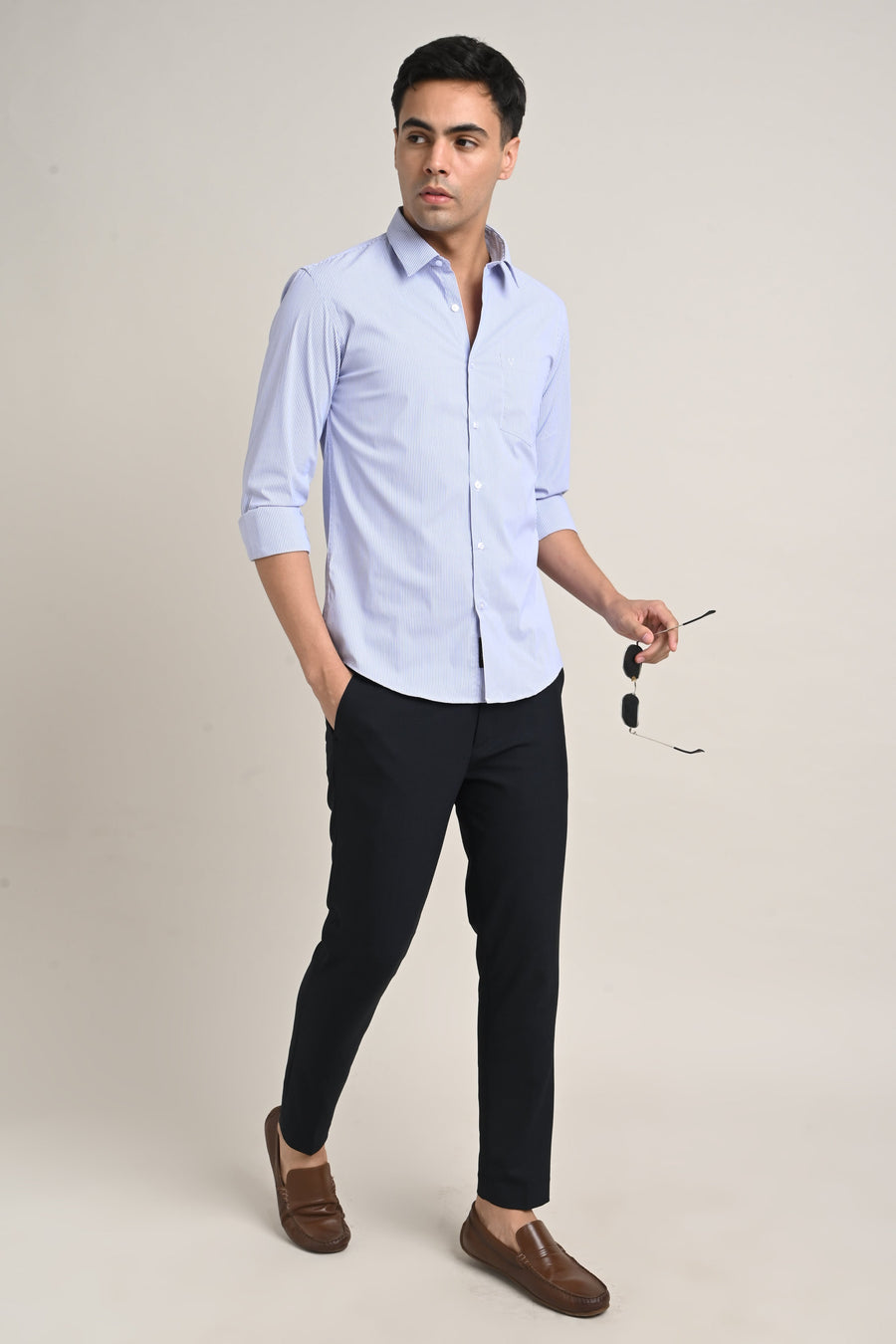 IVYN Stretch Cotton Pinstripe Shirt in Sky Blue
