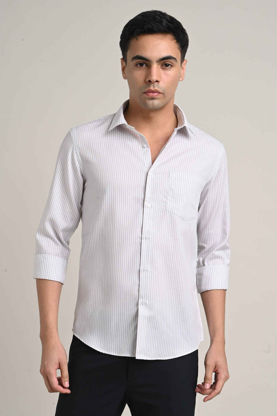 Stretch Cotton Pinstripe Shirt – Soft Grey