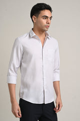 IVYN Stretch Cotton Pinstripe Shirt back view in Soft Grey