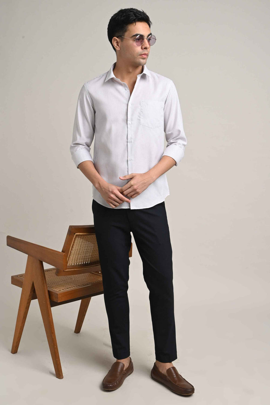 Stretch Cotton Pinstripe Shirt – Soft Grey