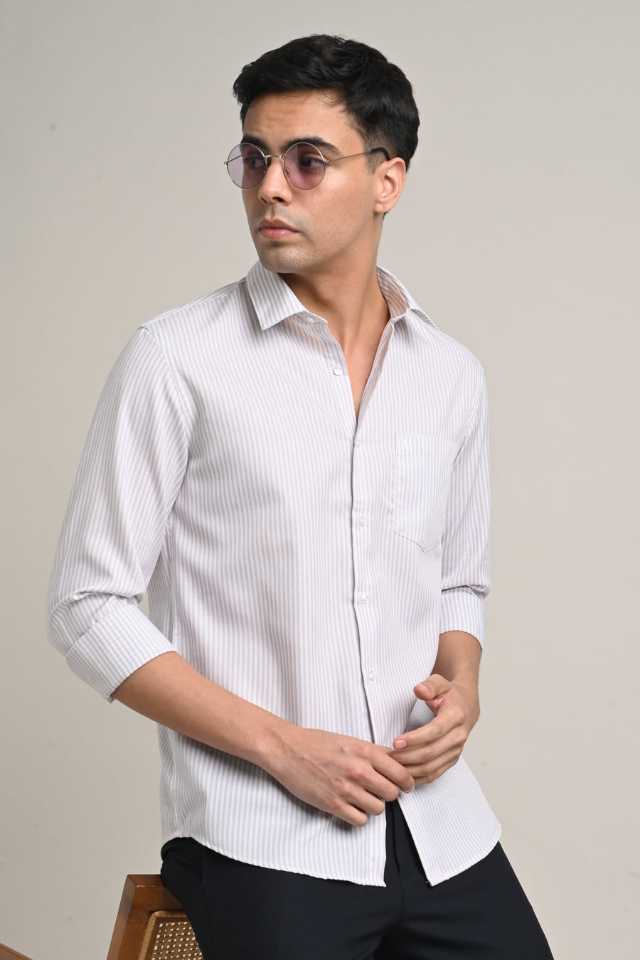 IVYN Stretch Cotton Pinstripe Shirt in Soft Grey