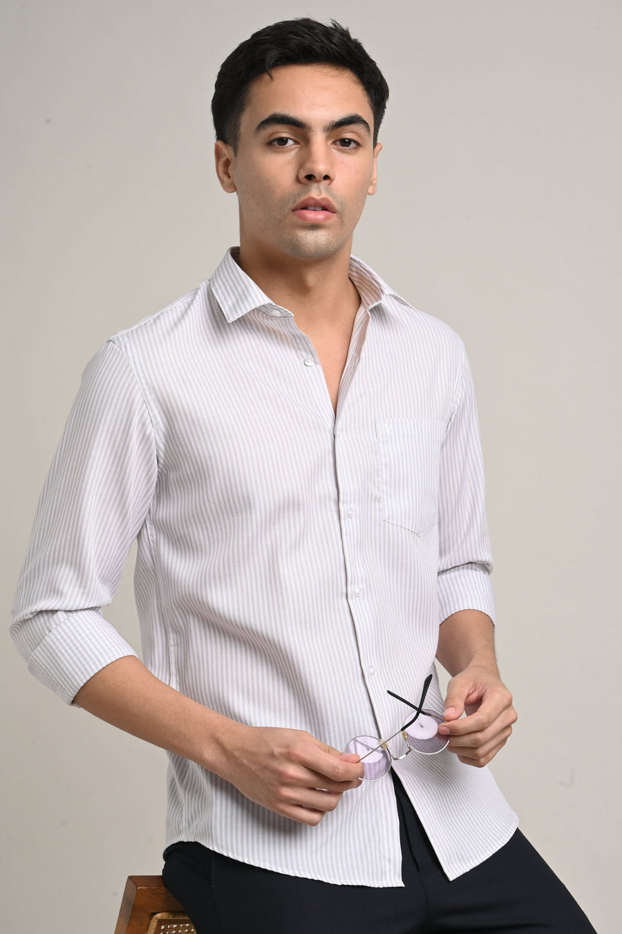 IVYN Stretch Cotton Pinstripe Shirt in Soft Grey