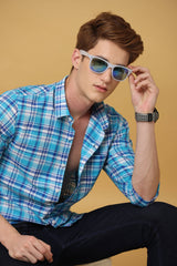 Regal Turquoise Navy Checkered Linen Shirt - IVYN