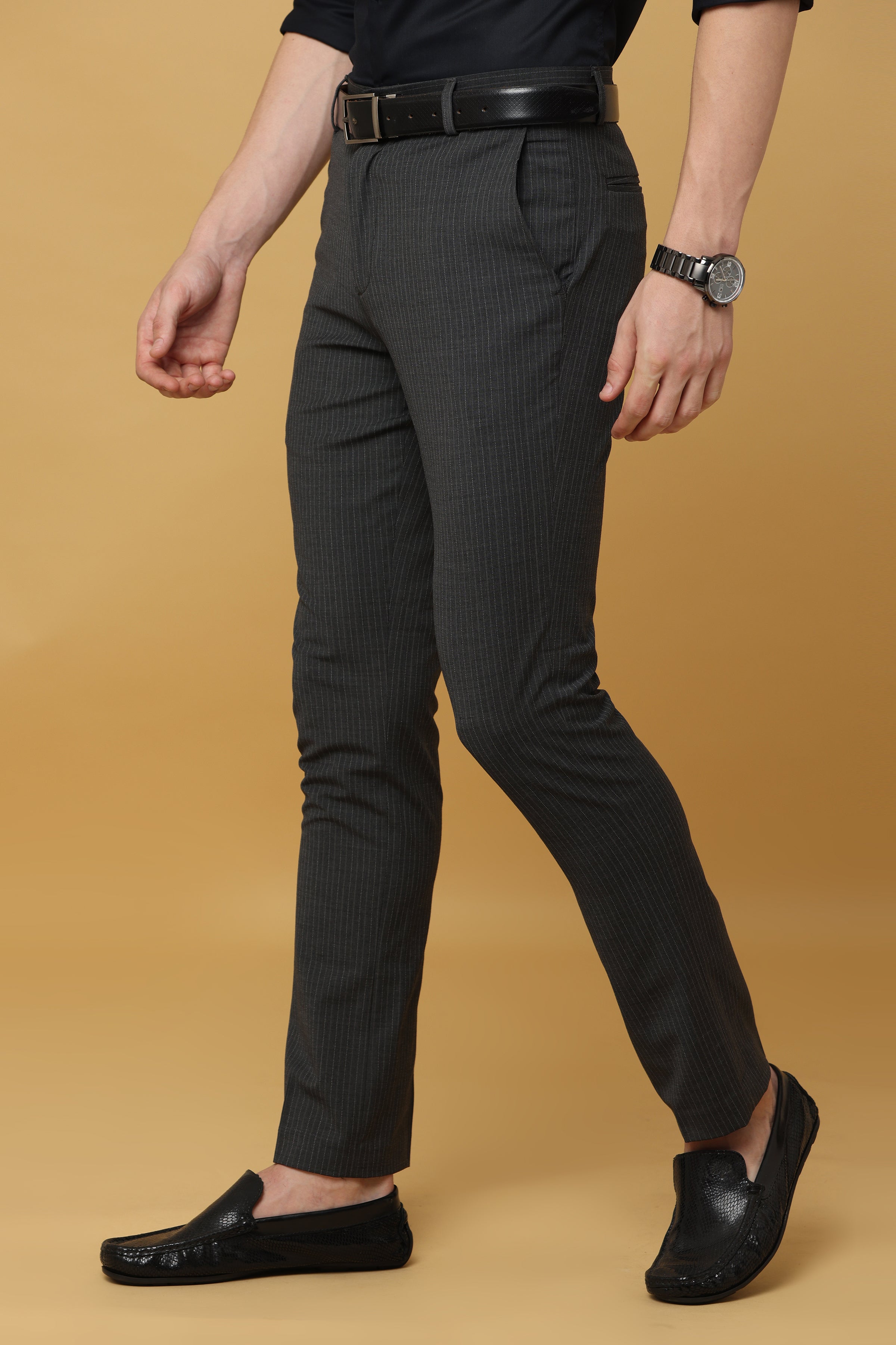 Premium Blue striped Pure wool flat-front Trousers for men
